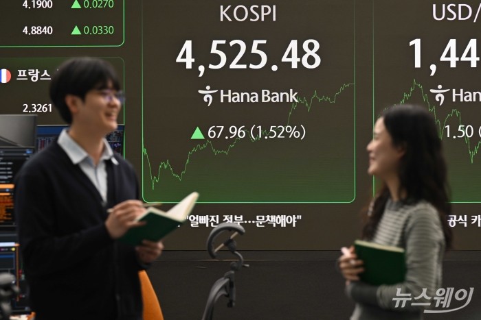 코스피가 사상 첫 4500선을 돌파하며 장을 마감된 6일 오후 서울 중구 하나은행 본점 딜링룸에서 직원들이 업무를 보고 있다. 이날 코스피는 전일대비 1.52% 인상된 4525.48으로 장을 종료했다. 사진=강민석 기자 kms@newsway.co.kr