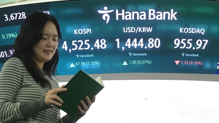 코스피가 사상 첫 4500선을 돌파하며 장을 마감된 6일 오후 서울 중구 하나은행 본점 딜링룸에서 직원이 업무를 보고 있다. 이날 코스피는 전일대비 1.52% 인상된 4525.48으로 장을 종료했다. 사진=강민석 기자 kms@newsway.co.kr