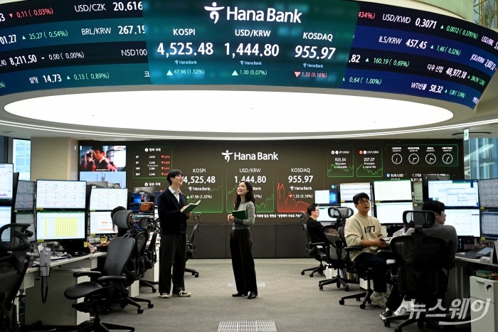 코스피가 사상 첫 4500선을 돌파하며 장을 마감된 6일 오후 서울 중구 하나은행 본점 딜링룸에서 직원들이 업무를 보고 있다. 이날 코스피는 전일대비 1.52% 인상된 4525.48으로 장을 종료했다. 사진=강민석 기자 kms@newsway.co.kr