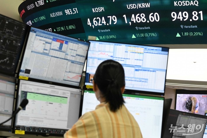 코스피가 미국 증시 강세와 주도주 상승에 힘입어 4600선에 안착하며 장중 사상 최고치를 경신한 12일 오후 서울 중구 하나은행 본점 딜링룸에서 직원이 업무를 보고 있다. 이날 코스피는 38.47p(0.84%) 오른 4624.79 마감했다. 사진=강민석 기자 kms@newsway.co.kr