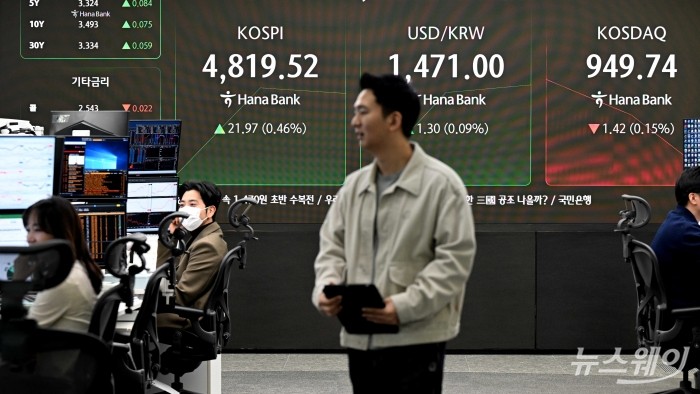 코스피 지수가 연초 이후 반도체·원자력발전·조선 등 업종 순환매 속에 11거래일 연속 상승 여파로 장중 처음으로 4800선을 사상 최고치로 돌파한 16일 오전, 서울 중구 하나은행 본점 딜링룸에서 직원들이 업무를 보고 있다. 이날 코스피는 4820.66(▲23.11p, 0.48%)로 개장했다. 사진=강민석 기자 kms@newsway.co.krnewsway.co.kr