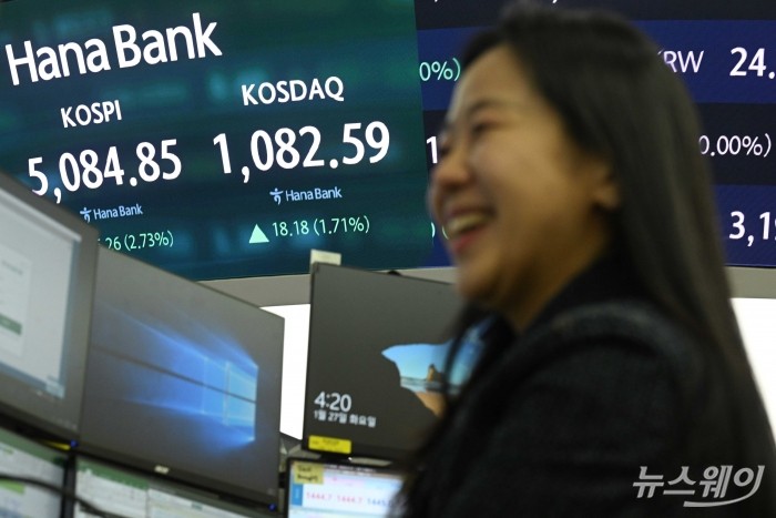 도널드 트럼프 미국 대통령의 무역 관세 재인상 발표에도 코스피가 다시 5천선 탈환하고 코스닥이 사상최고치를 경신한 27일 오후 서울 중구 하나인피니티서울에서 직원이 업무를 보고 있다. 이날 코스피는 전일 대비 135.26포인트(2.73%) 오른 5084.85에 장마감을 기록했으며 코스닥은 전일 대비 18.18포인트(1.71%) 인상된 1082.59로 끝냈다. 사진=강민석 기자 kms@newsway.co.kr