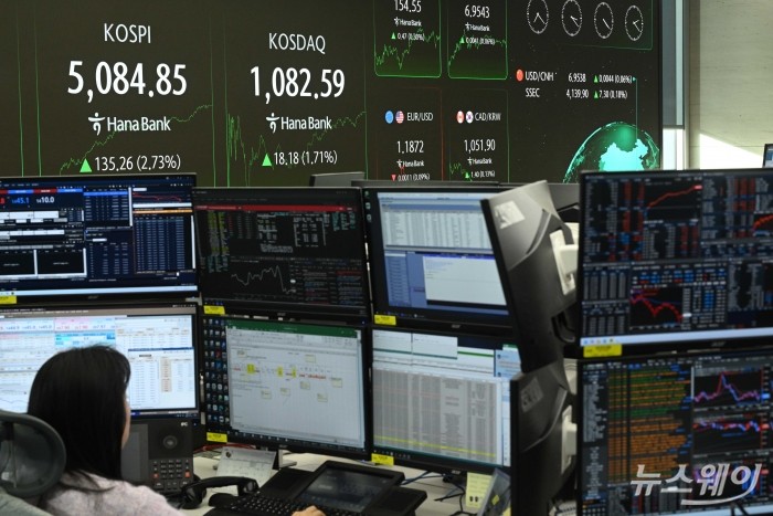 도널드 트럼프 미국 대통령의 무역 관세 재인상 발표에도 코스피가 다시 5천선 탈환하고 코스닥이 사상최고치를 경신한 27일 오후 서울 중구 하나인피니티서울에서 직원이 업무를 보고 있다. 이날 코스피는 전일 대비 135.26포인트(2.73%) 오른 5084.85에 장마감을 기록했으며 코스닥은 전일 대비 18.18포인트(1.71%) 인상된 1082.59로 끝냈다. 사진=강민석 기자 kms@newsway.co.kr