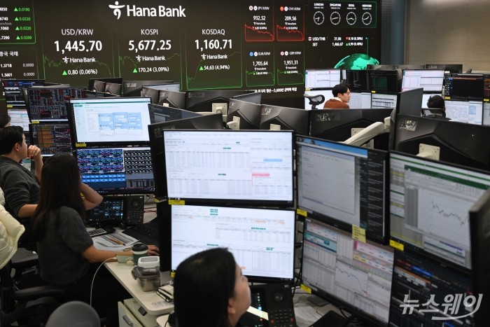 미국 기술주 반등과 반도체 대형주의 동반 강세에 힘입어 코스피가 사상 처음 5600선을 돌파한 19일 오후 서울 중구 하나인피니티서울 현황판에 코스피·코스닥 지수 종가와 원달러 환율이 표시돼 있다. 이날 코스피는 전 거래일 대비 3.09% 오른 5677.25에, 코스닥은 4.94% 오른 1160.71에 마감됐다. 사진=강민석 기자 kms@newsway.co.kr