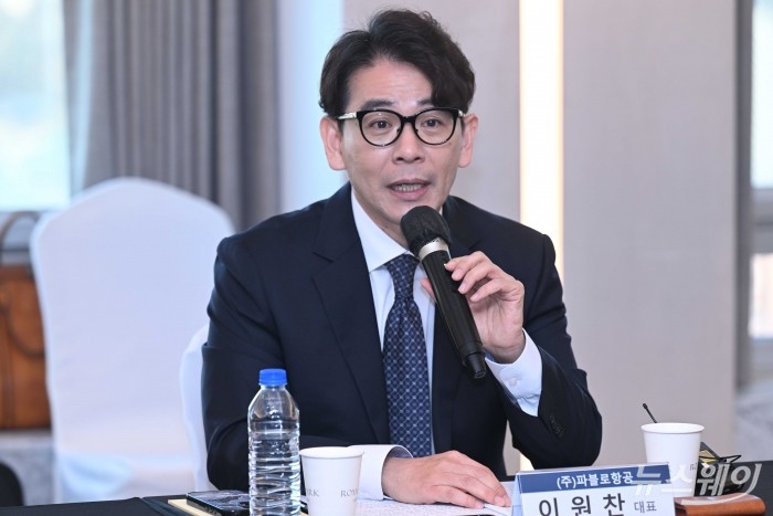 이원찬 파블로항공 대표가 23일 오전 서울 용산구 피스앤파크컨벤션에서 열린 방산 스타트업 육성 협약식에서 발언을 하고 있다. 사진=강민석 기자 kms@newsway.co.kr