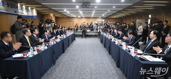 이병래 손해보험협회장이 26일 오후 서울 종로구 생명보험교육문화센터에서 열린 보험회사 CEO 간담회에서 인사말을 하고 있다. 사진=강민석 기자 kms@newsway.co.kr