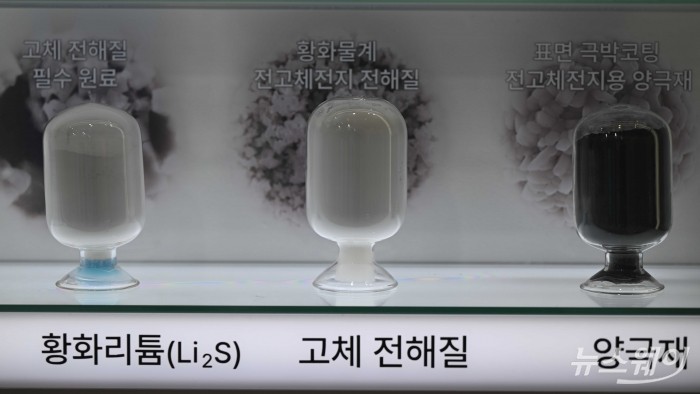 포스코그룹이 11일 오전 서울 강남구 코엑스에서 열린 인터배터리 2026 개막식에 마련된 포스코퓨처엠 부스에서 양극재, 고체 전해질, 황화리튬 등을 전시하고 있다. 사진=강민석 기자 kms@newsway.co.kr