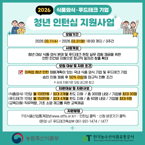 aT, 식품외식·푸드테크기업 청년 인턴십 참여기업 모집