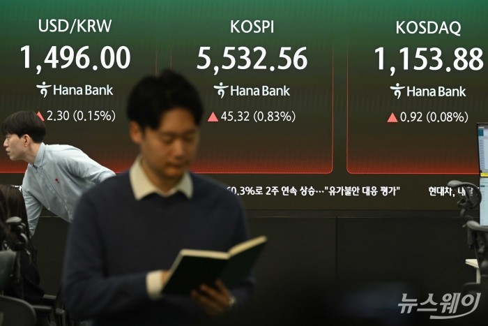 코스피가 상승 출발한 16일 오전 서울 중구 하나인피니티서울 현황판에 코스피·코스닥 지수와 원/달러 환율이 표시돼 있다. 코스피는 23.58p(0.43%) 상승한 5510.83으로, 코스닥은 3.54p(0.31%) 오른 1156.50으로 개장했다. 사진=강민석 기자 kms@newsway.co.kr
