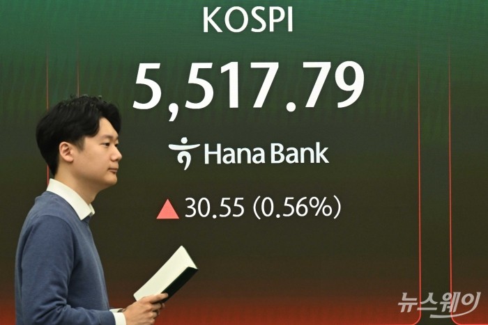 코스피가 상승 출발한 16일 오전 서울 중구 하나인피니티서울 현황판에 코스피 지수가 표시돼 있다. 코스피는 23.58p(0.43%) 상승한 5510.83으로, 코스닥은 3.54p(0.31%) 오른 1156.50으로 개장했다. 사진=강민석 기자 kms@newsway.co.kr