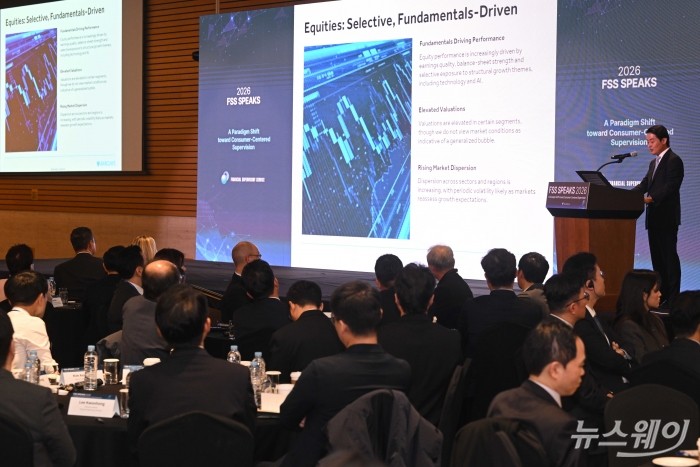 이상교 바클레이즈 Liquid Financing APAC 대표가 25일 오전 서울 여의도 한국경제인협회 컨퍼런스센터에서 열린 FSS SPEAKS 2026에서 26년도 글로벌 금융시장 전망 및 주요 리스크요인을 주제발표 하고 있다. 사진=강민석 기자 kms@newsway.co.kr