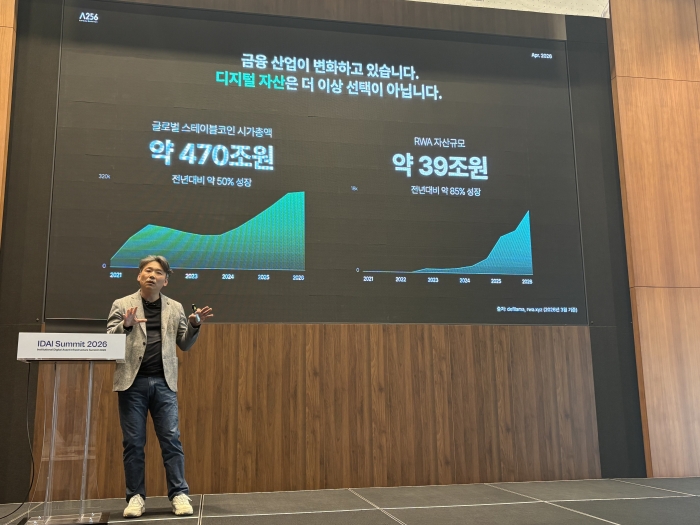 정의정 람다256 대표가 2일 여의도 IFC 포럼(Two IFC)에서 '디지털자산 금융 인프라 포럼 2026(IDAI Summit 2026)'에서 발표를 하고 있다.사진=한종욱 기자.
