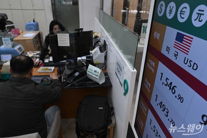 도널드 트럼프 미국 대통령의 이란 확전 예고 여파로 원·달러 환율이 금융위기 수준에 근접한 가운데, 2일 오후 서울 시내 하나은행 TV전광판에 각국 통화의 매매 가격이 표시돼 있다. 사진=강민석 기자 kms@newsway.co.kr