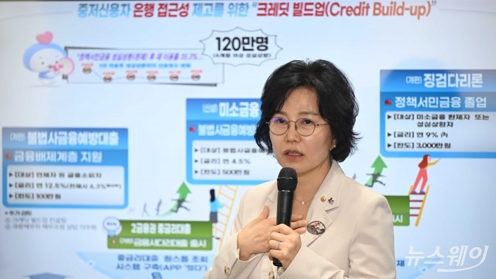 김은경 서민금융진흥원장 겸 신용회복위원장이 7일 오전 서울 중구 서민금융진흥원에서 열린 취임 100일 기념 기자간담회에서 제도발표를 하고 있다. 사진=강민석 기자 kms@newsway.co.kr