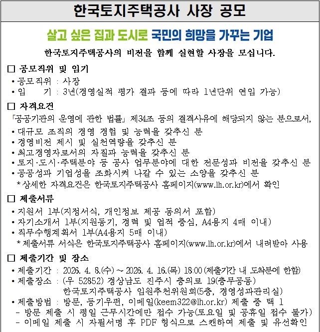 한국토지주택공사(LH) 사장 공모 공고문. 사진=LH 제공