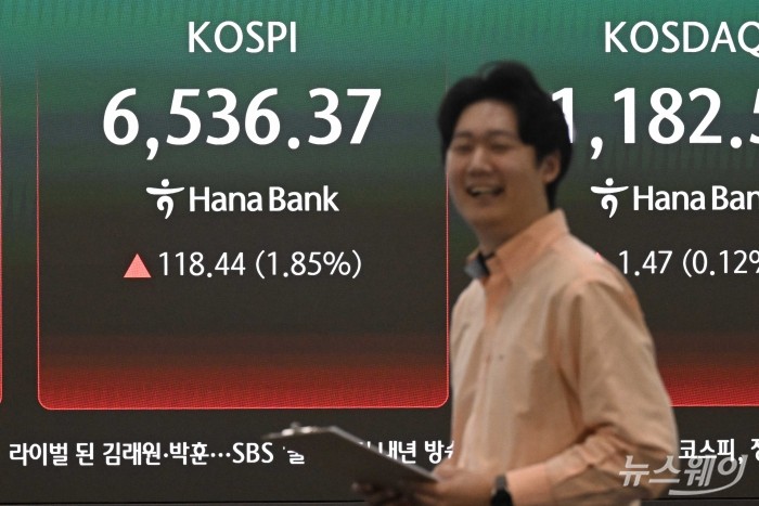 코스피 지수가 사상 최초로 6500선을 돌파한 23일 오전 서울 중구 하나인피니티서울에서 딜러들이 업무를 보고 있다. 이날 코스피는 전날보다 1.10% 오른 6488.83에 개장했다. 사진=강민석 기자