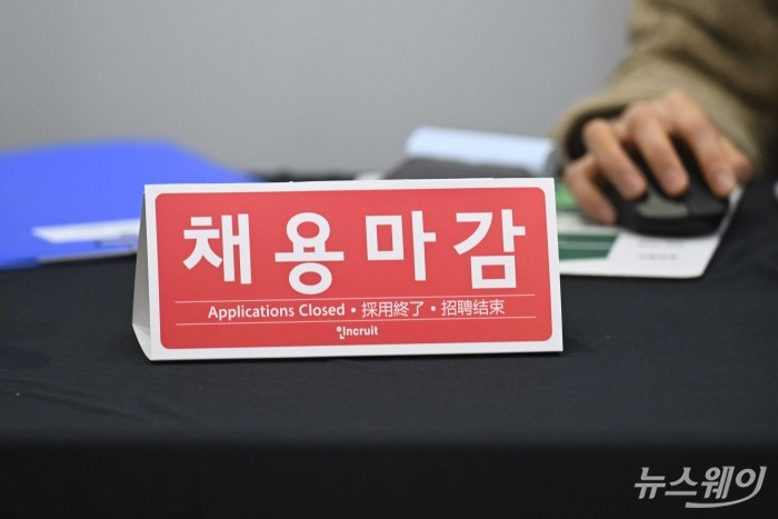 2026 제1차 KB굿잡 우수기업 취업박람회가 개막한 27일 오후 서울 강남구 코엑스에서 면접부스에 채용마감 관련 안내문이 놓여져 있다. 사진=강민석 기자