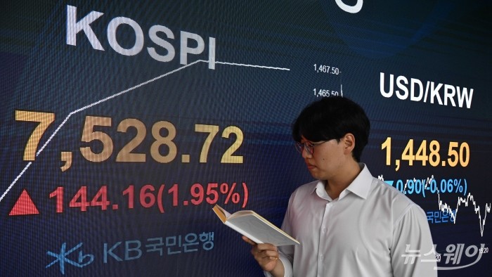 코스피 지수가 장중 사상 첫 7500선을 돌파한 7일 오전 서울 여의도 KB국민은행 딜링룸에서 직원이 업무를 보고 있다. 이날 코스피는 전 거래일 대비 114.51pt(1.55%) 상승한 7499.07, 코스닥은 0.66pt(0.05%) 오른 1210.83에 개장했다. 사진=강민석 기자
