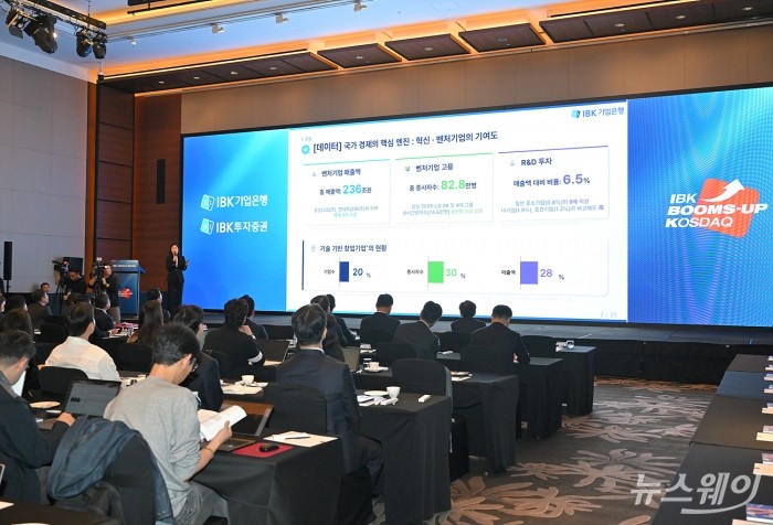 서경란 IBK기업은행 연구소장이 12일 서울 여의도 콘래드호텔에서 열린 'IBK-코스닥(KOSDAQ) 붐업데이 및 은행장 기자간담회'에서 기조연설을 하고 있다. 사진=이수길 기자
