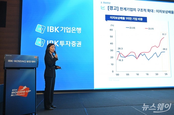 서경란 IBK기업은행 연구소장이 12일 서울 여의도 콘래드호텔에서 열린 'IBK-코스닥(KOSDAQ) 붐업데이 및 은행장 기자간담회'에서 기조연설을 하고 있다. 사진=이수길 기자