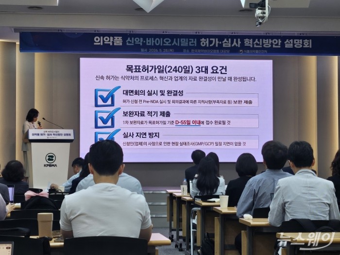 28일 식약처가 서울 한국제약바이오협회 대강당에서 '의약품 분야 허가·심사 혁신방안 관련 설명회'를 진행하고 있다. 사진=임주희 기자