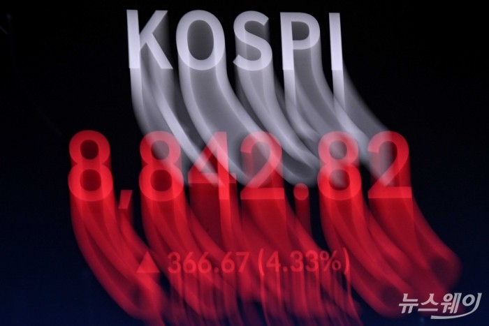 코스피 지수가 장중 사상 첫 8800선을 돌파한 1일 오전 서울 여의도 한국거래소 현황판에 전 거래일보다 366.67포인트(4.33) 오른 8842.82P로 보이고 있다. 사진=강민석 기자