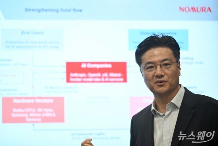 정창원 노무라증권 아시아 리서치 공동 대표가 12일 오전 서울 중구 서울파이낸스센터에서 열린 '2026년 한국 경제 및 주식 시장' 기자간담회에서 발표를 하고 있다. 사진=강민석 기자