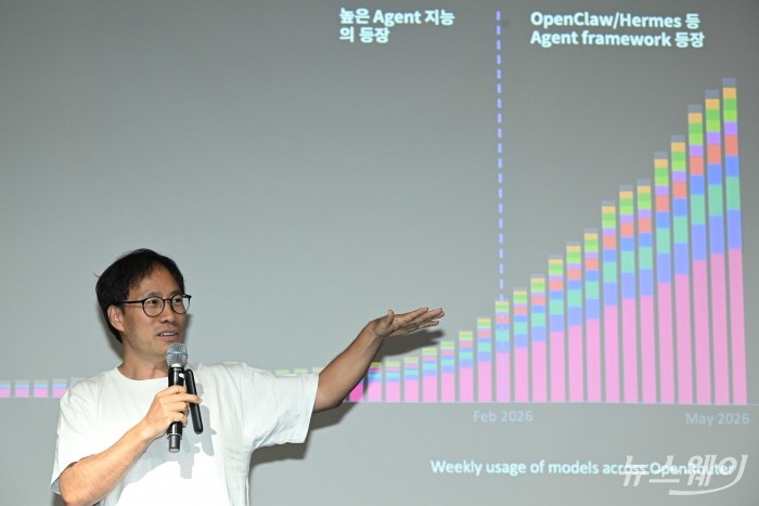 김성훈 업스테이지 대표가 16일 오전 서울 여의도 콘래드호텔에서 열린 업스테이지 기자간담회에서 발표를 하고 있다. 사진=강민석 기자