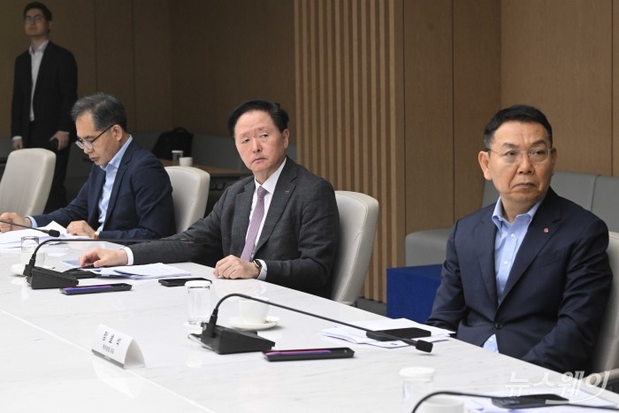 (왼쪽 두 번째)우기홍 대한상공회의소 문화관광산업위원회 위원장 겸 대한항공 대표이사 부회장과 (오른쪽 첫 번째)정호석 롯데호텔앤리조트 대표를 비롯한 참석자들이 25일 오전 서울 중구 대한상의에서 열린 대한상의-문화관광산업위원회 '한일 관광협력 토론회'에 참석해 자리하고 있다. 사진=강민석 기자