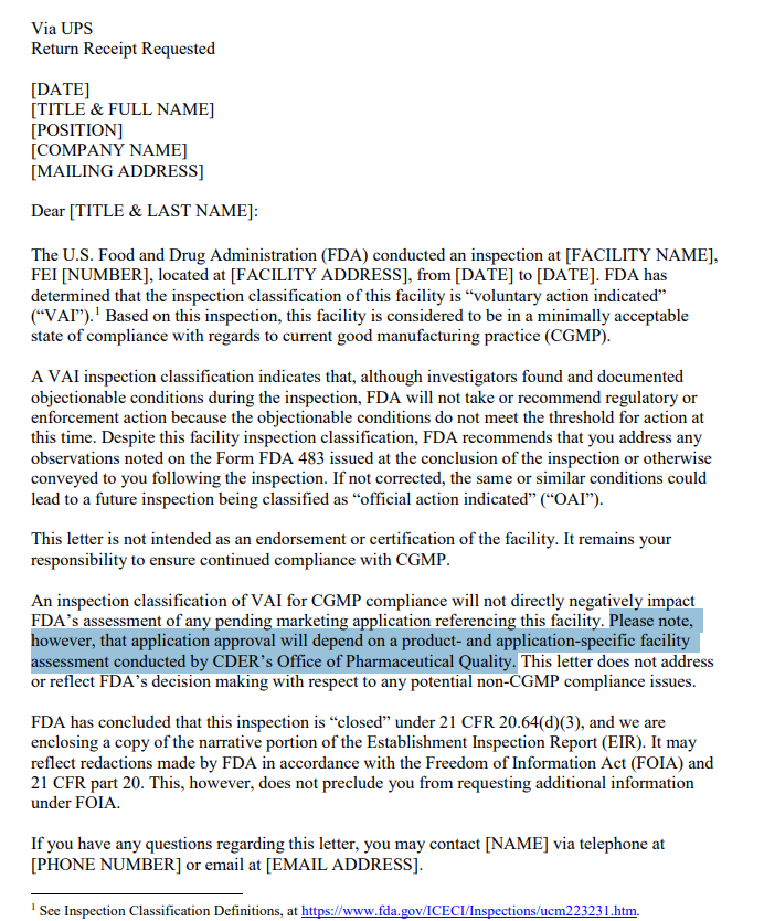 미국 식품의약국(FDA)이 공개한 VAI 90일 결정서 표준문안(VAI 90 Day Decisional Letter). 사진=FDA