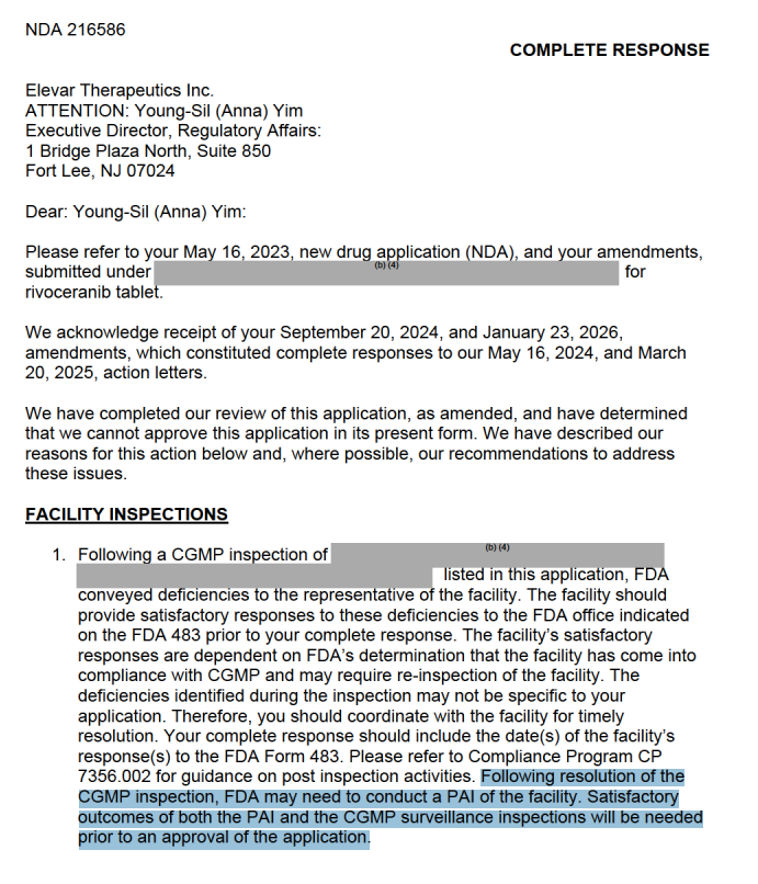 미국 식품의약국(FDA)이 엘레바 테라퓨틱스 측에 보낸 CRL. 사진=FDA