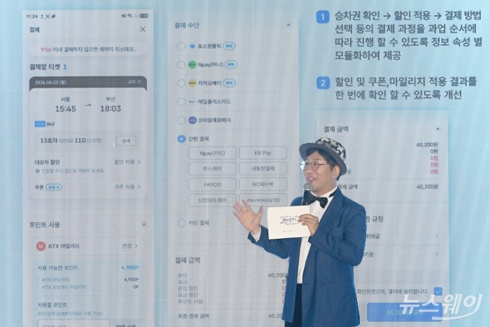 SR 관계자가 3일 오전 서울 강남구 수서역에서 코레일+ 통합 앱 출시를 소개하고 있다. 사진=강민석 기자