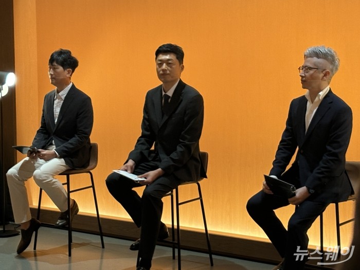(왼쪽부터) 허정택 제네시스 외장 프로덕트 디자인팀 팀장, 오재호 제네시스 내장 프로덕트 디자인팀 팀장, 남택성 제네시스CMF팀 팀장 사진=황예인 기자