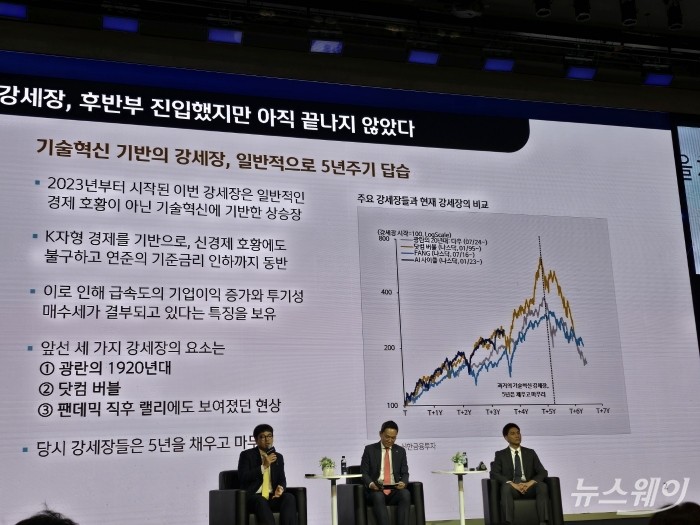 김성환 신한 프리미어 패스파인더 전문위원이 31일 서울 용산 드래곤시티에서 열린 '신한 프리미어 패스파인더 혜안 2026'에서 글로벌 주식시장과 AI 투자 사이클을 설명하고 있다. 사진=박경보 기자