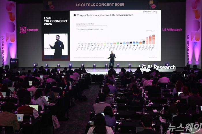 조지 카메론 아티피셜 애널리틱스 공동 창립자가 14일 오전 서울 강서구 LG사이언스파크 ISC동에서 열린 'LG AI 토크 콘서트 2026'에서 발표를 하고 있다. 사진=강민석 기자