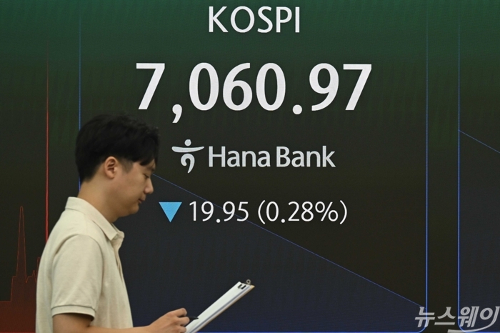 코스피 지수가 28일 오전 서울 중구 하나은행 딜링룸 현황판에 전 거래일보다 19.95포인트(0.28%) 내린 7060.97로 보이고 있다. 사진=강민석 기자