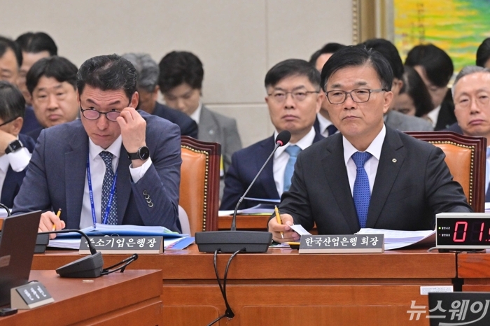 (왼쪽)장민영 IBK기업은행장과 박상진 한국산업은행 회장이 8일 오전 서울 여의도 국회 정무위원회에서 열린 금융위원회·한국산업은행·중소기업은행에 대한 국정감사에 출석해 의원의 질의를 경청하고 있다. 사진=강민석 기자