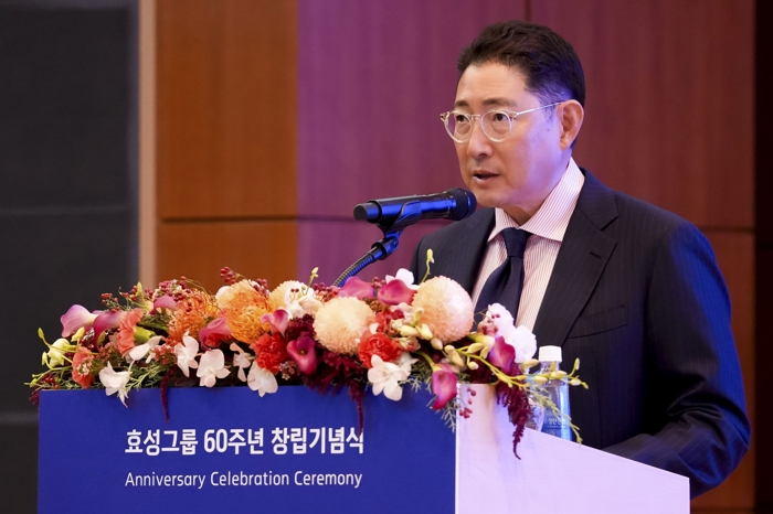 29일 효성 마포본사에서 열린 효성그룹 60주년 창립기념식에서 조현준 효성 회장이 창립기념사를 발표하고 있다. 사진=효성 제공